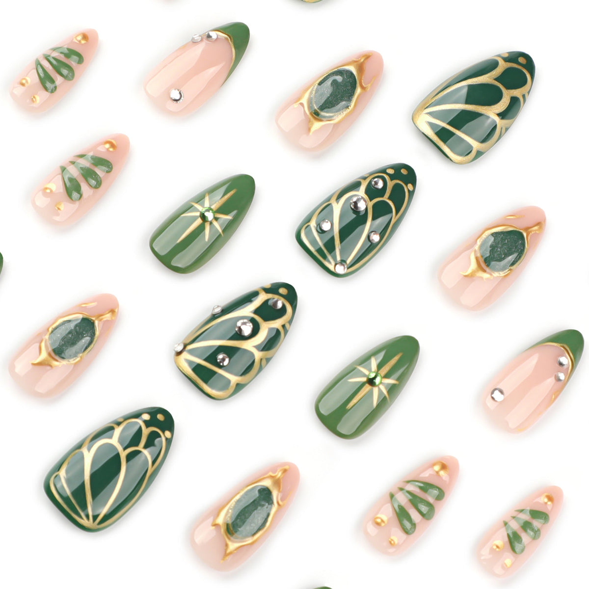 Green Gem Inspired Nails with Gold Metallic Accent Details – Image 3