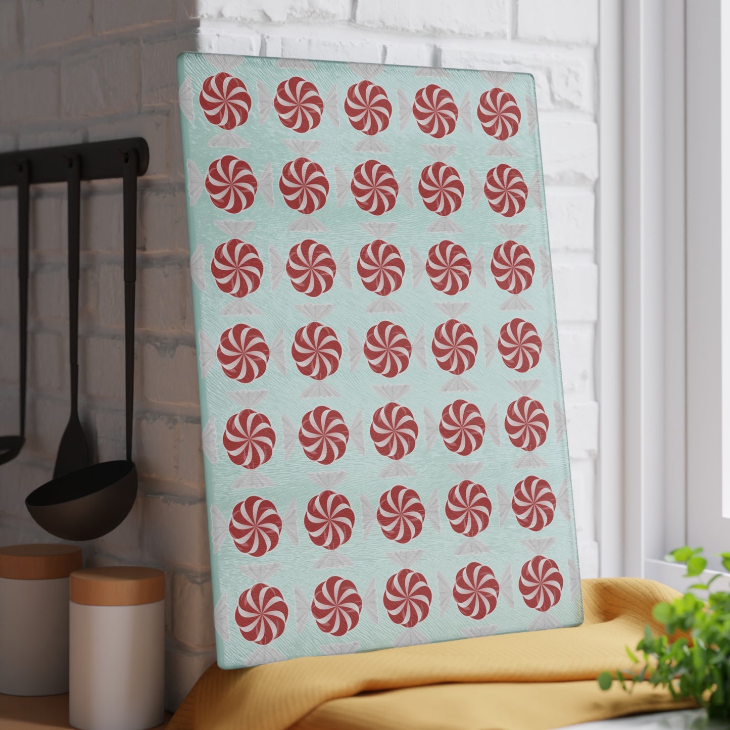 Peppermint Pattern Glass Cutting Board — Festive Candy Kitchen Board