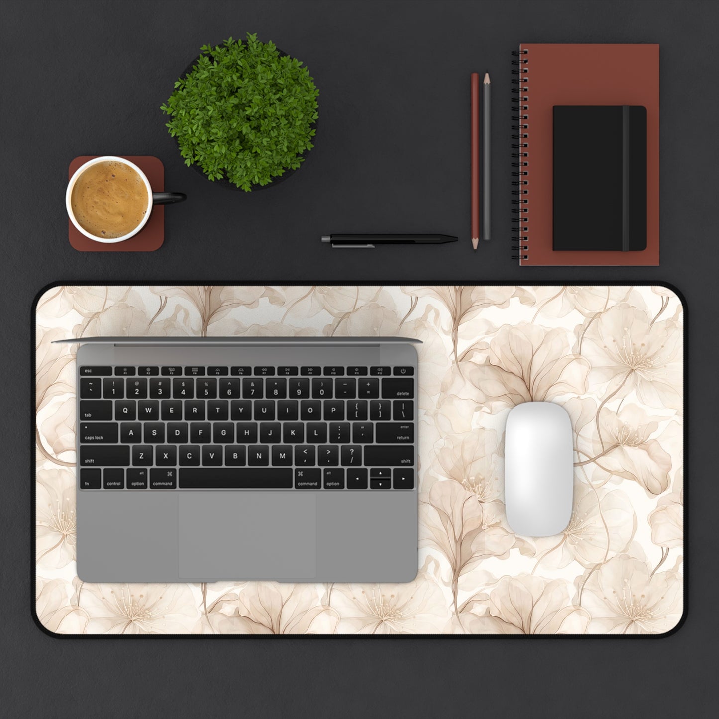 Floral Beige Desk Mat — Neutral Watercolor Ginkgo Mousepad