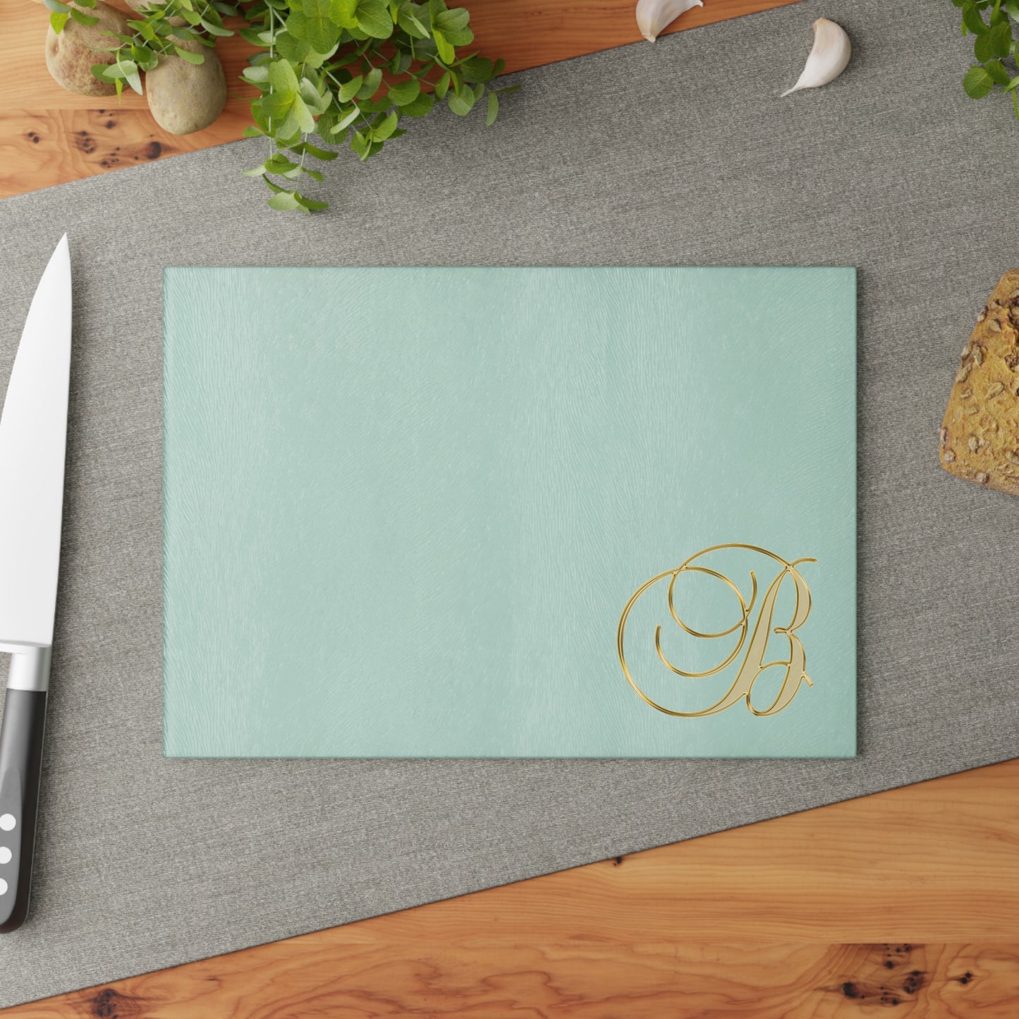 Monogram Glass Cutting Board – Elegant Gold 'B' on Mint or Clear