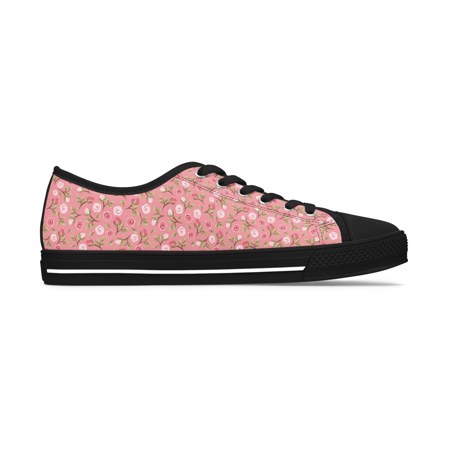 Floral Pink Low Top Sneakers — Women's Cute Rose Pattern Canvas Shoes