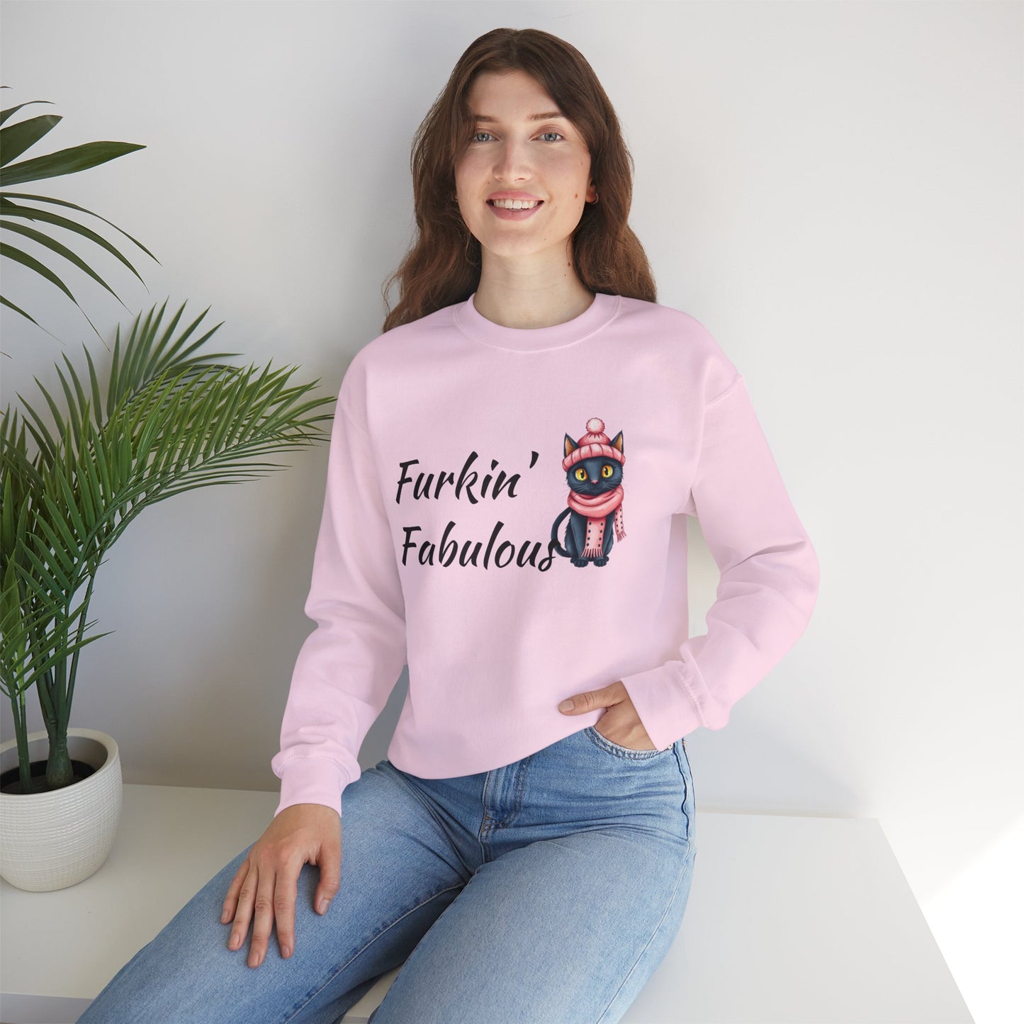Crewneck Sweatshirt — "Furkin' Fabulous" Cute Black Cat in Pink Hat & Scarf