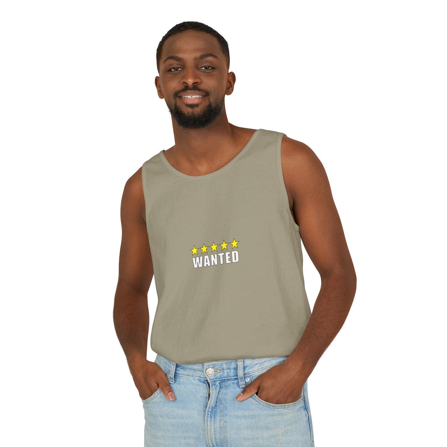 5-Star "WANTED" Garment-Dyed Tank Top, Unisex Summer Shirt, Gift for Him/Her, Trendy Casual Wear, Pool Party Outfit, Unique Graphic Tee