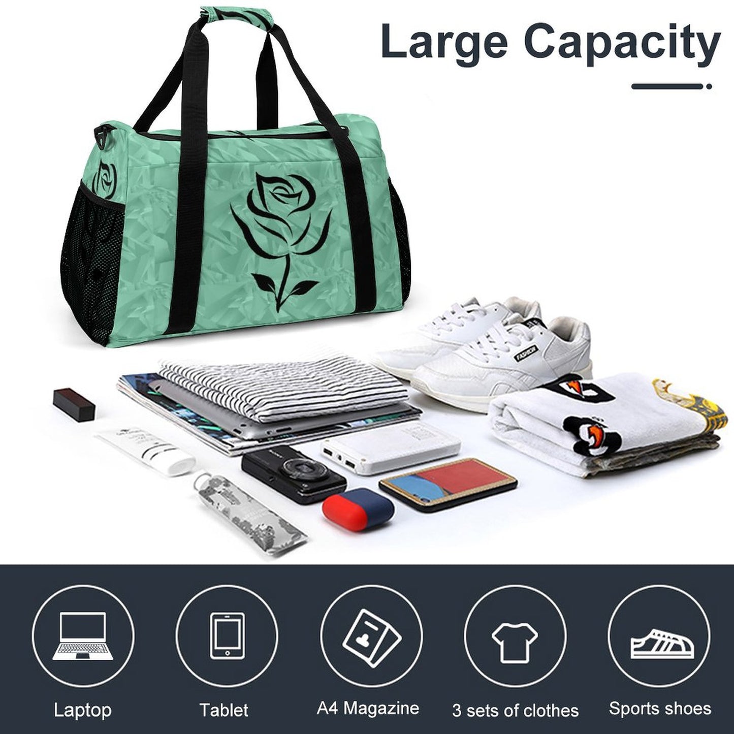 Travel Duffel Bag Teal with Black Rose