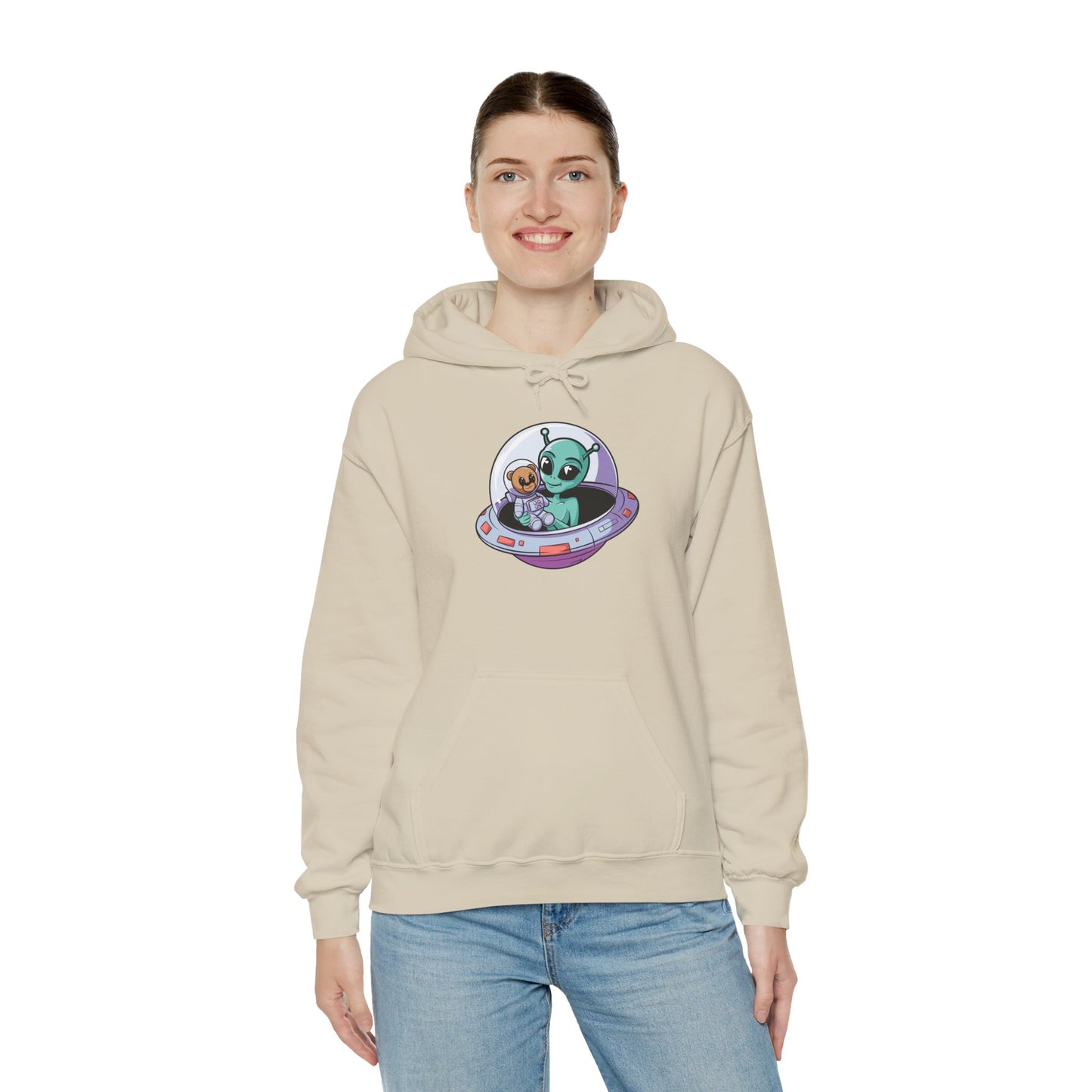 Cute Alien and Kid Hoodie, Unisex Heavy Blend Sweatshirt, UFO Lover Gift, Halloween Costume, Space-Themed Outfit, Birthday Present
