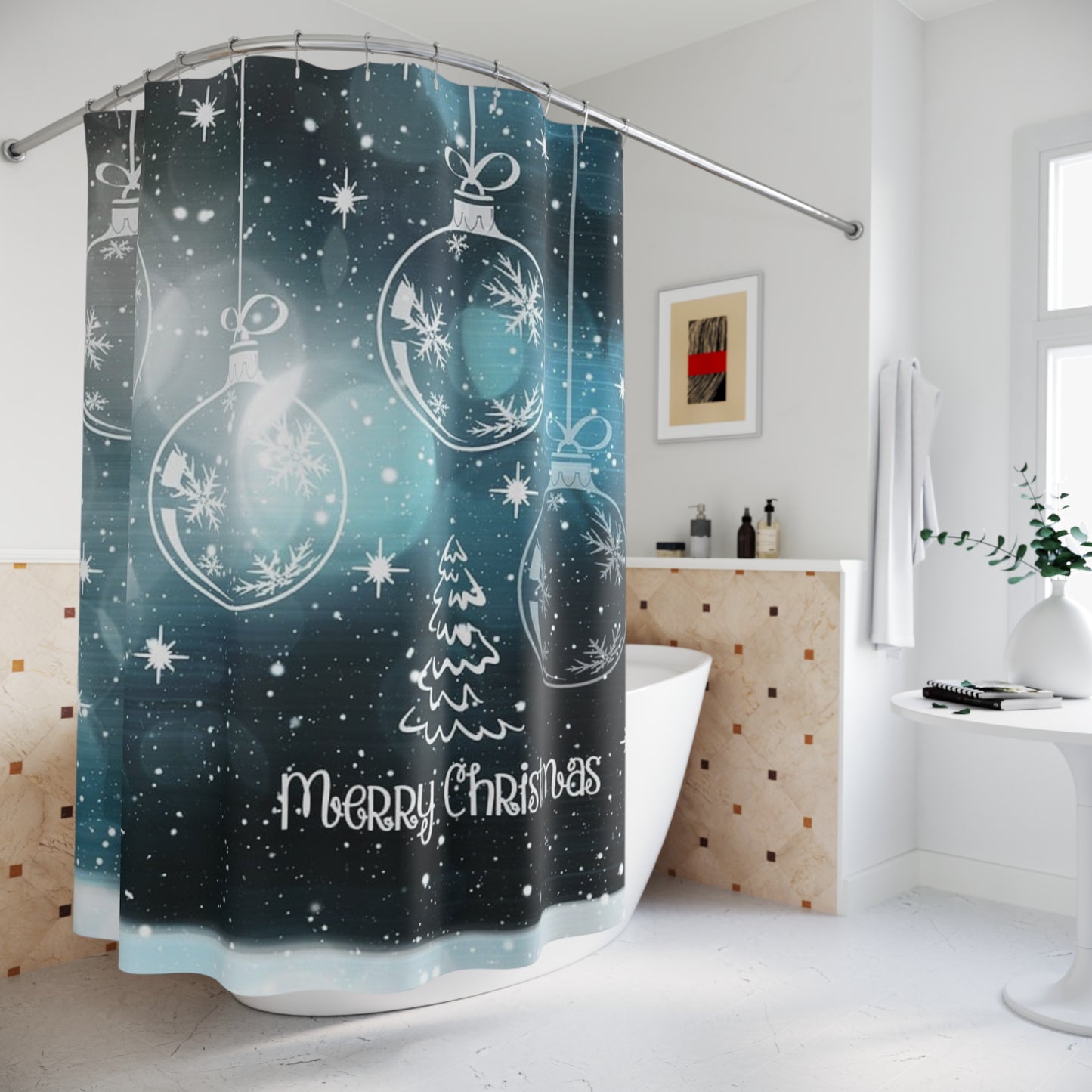 Christmas Shower Curtain with Snowflakes and Ornaments | Holiday Bathroom Decor, Merry Christmas Gift, Festive Home Accessory