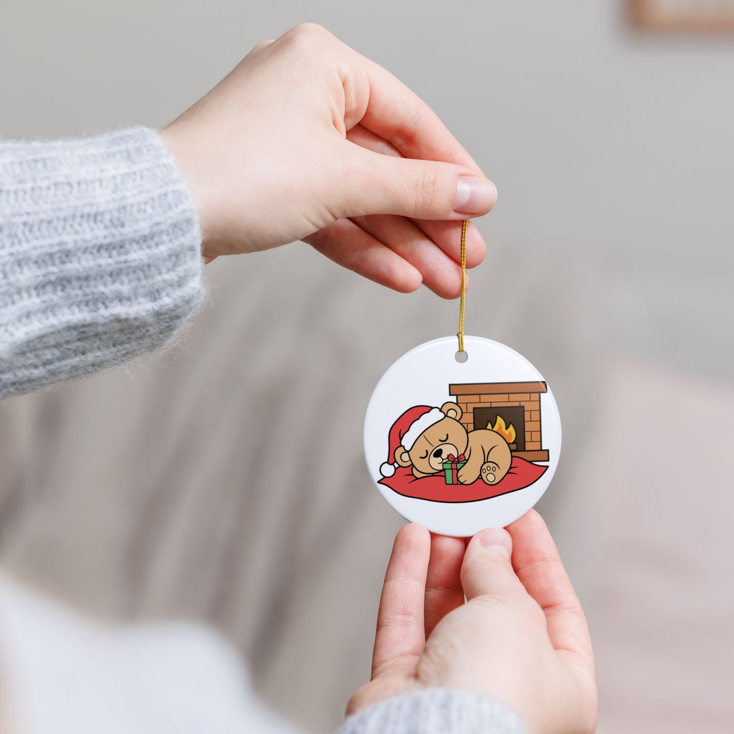 Sleeping Teddy Bear Christmas Ornament — Ceramic Holiday Tree Decoration (2-Sided)