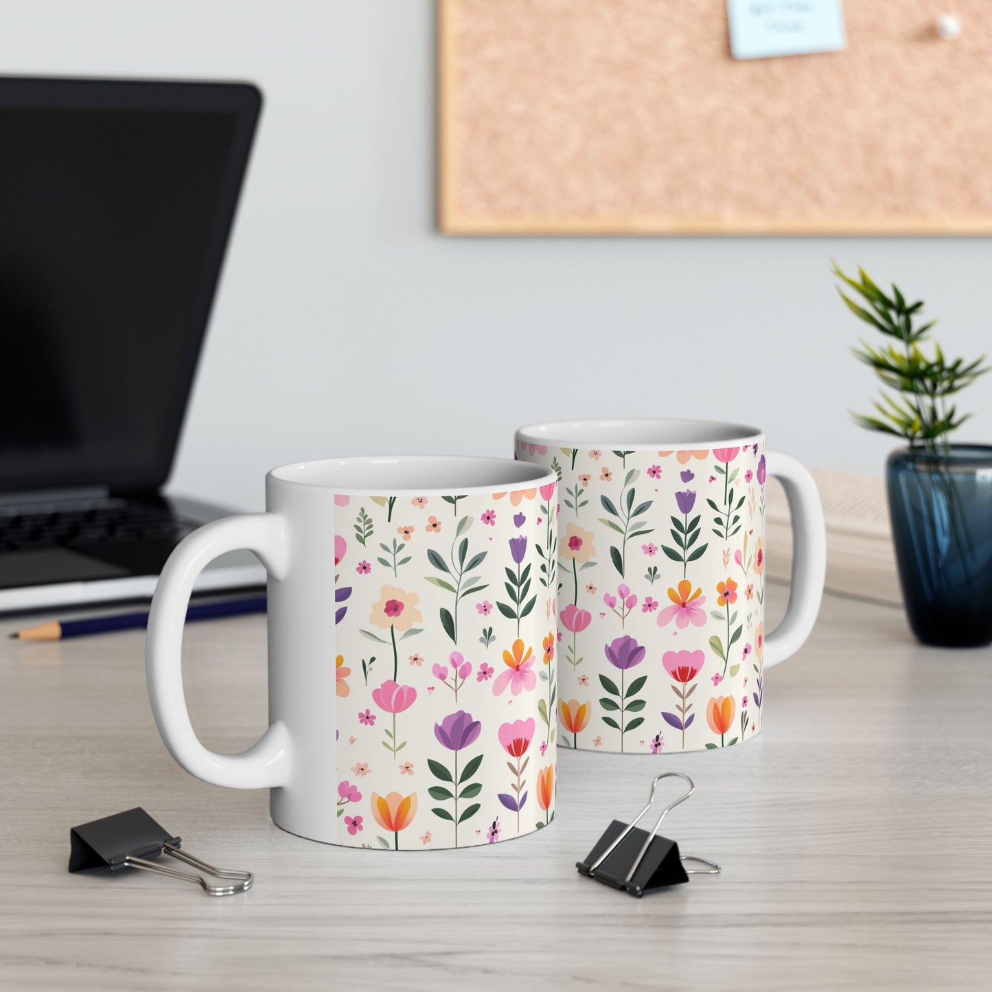 Floral Pattern Ceramic Mug — Pink Spring Flowers 11oz & 15oz