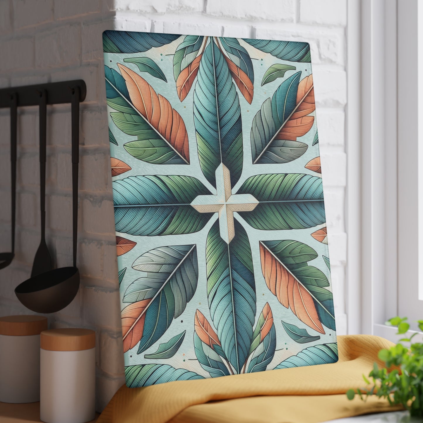 Tropical Leaf Glass Cutting Board — Botanical Decorative Kitchen Board