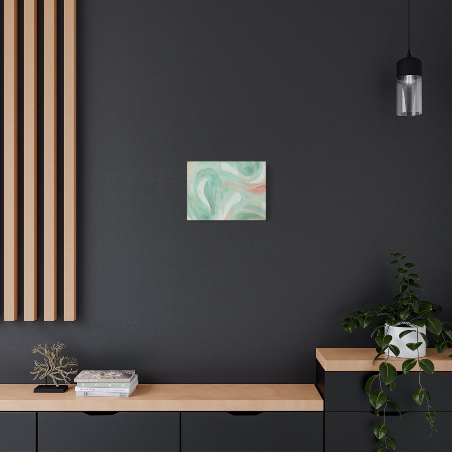 Abstract Green Marble Canvas Print — Teal & Coral Swirl Wall Art