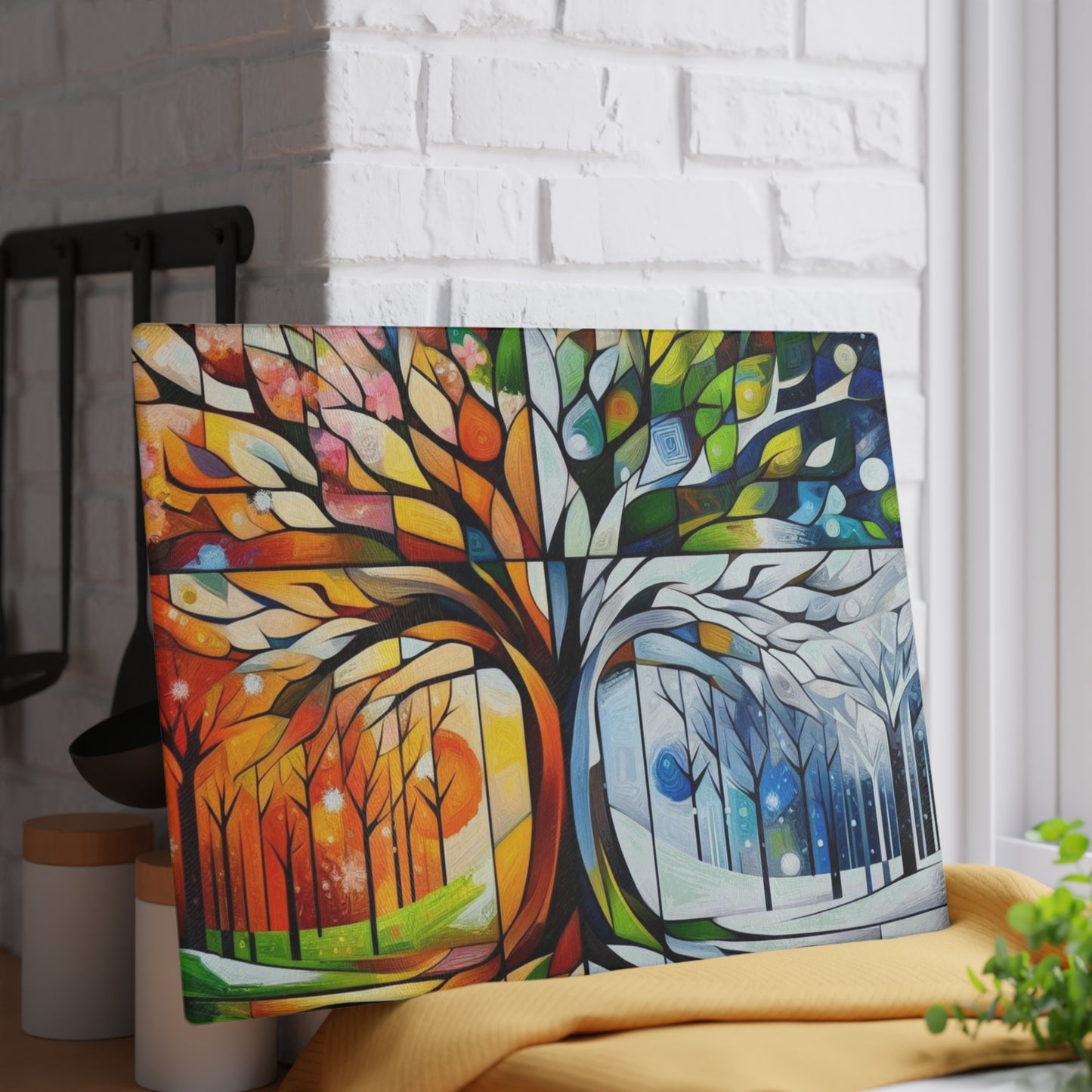 Four Seasons Tree Glass Cutting Board — Colorful Seasonal Kitchen Decor
