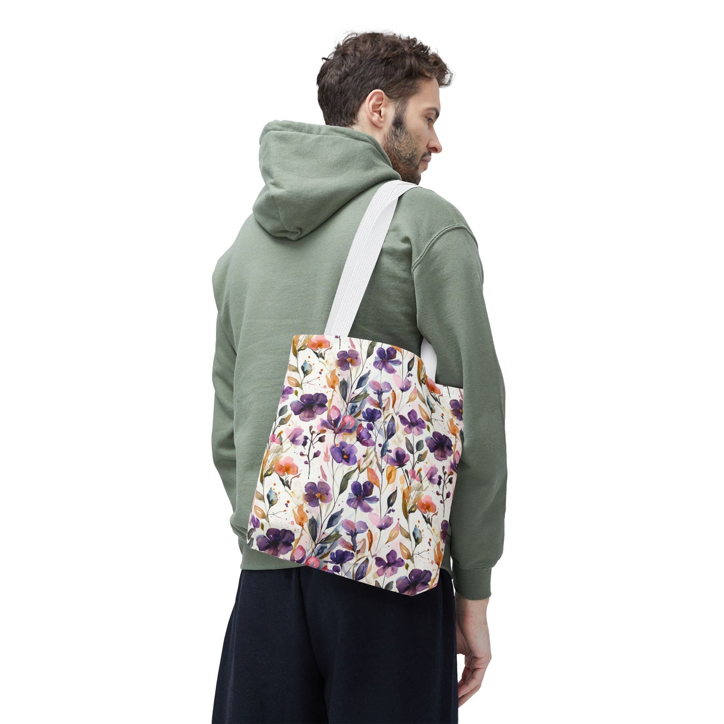 Floral Watercolor Tote Bag — Purple & Orange Botanical All-Over Print