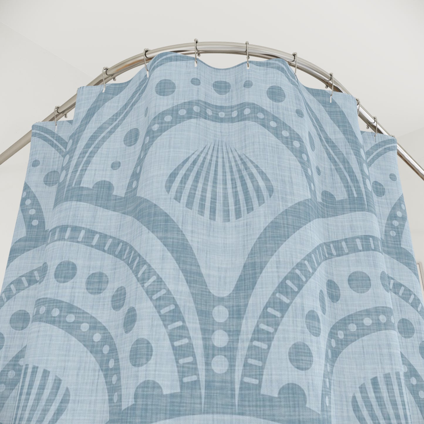 Blue Coastal Shell Shower Curtain — Nautical Seashell Pattern Bathroom Decor