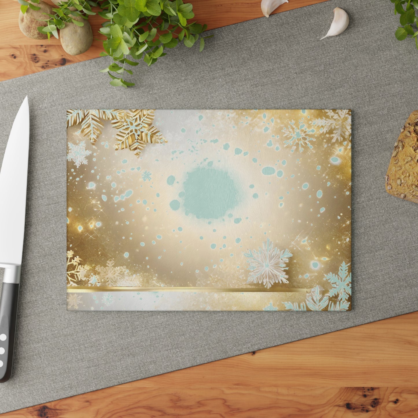 Festive Gold Snowflake Glass Cutting Board — Holiday Decorative Chopping Board