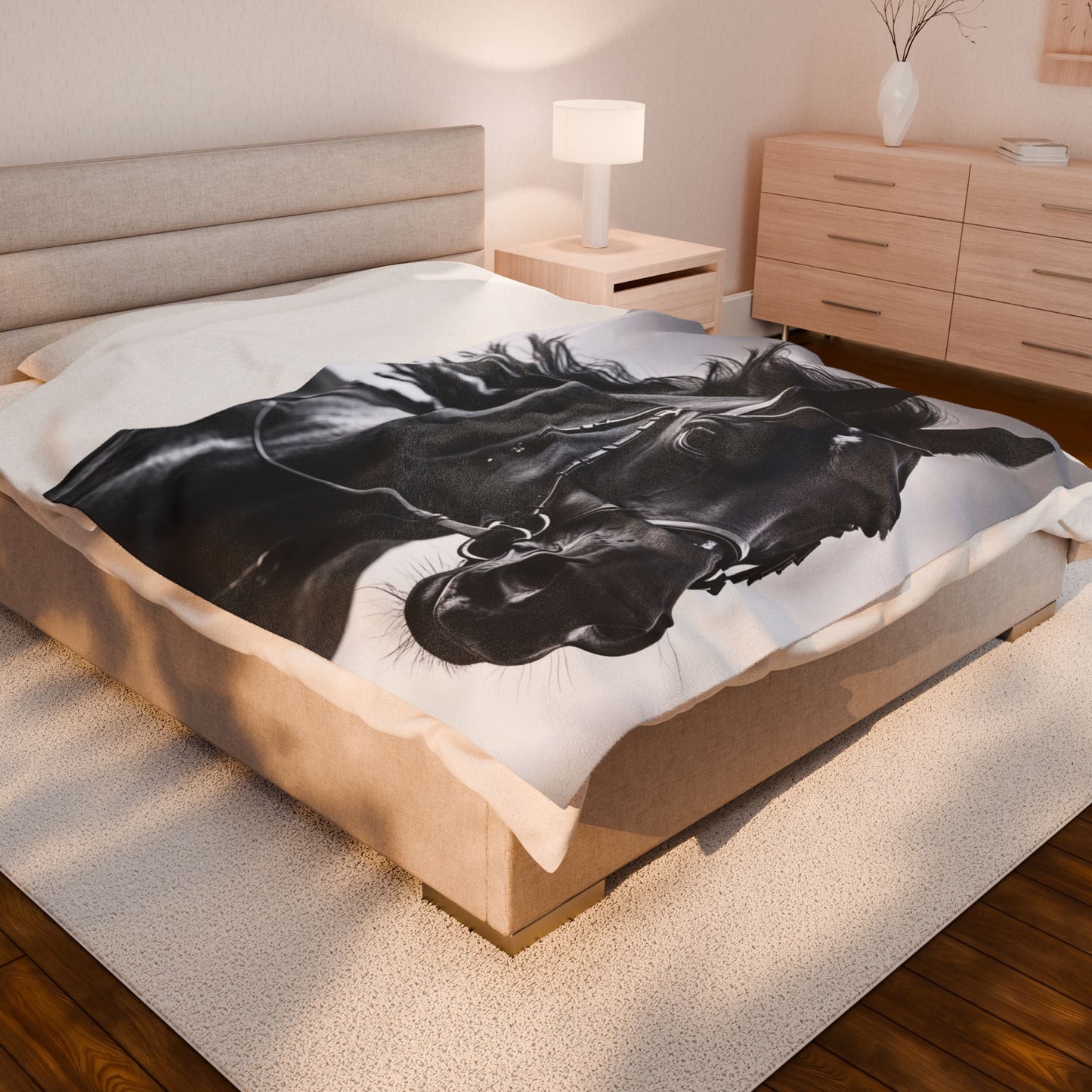Black Stallion Velveteen Plush Blanket – Photoreal Horse Throw for Equestrian Fans