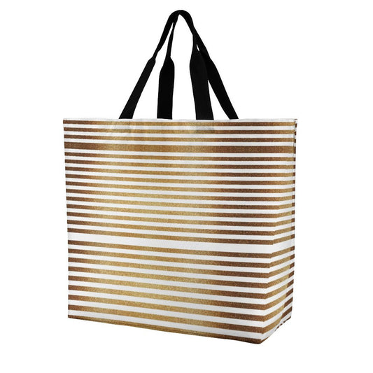 Large One Shoulder Shopping Bag Gold Stripes