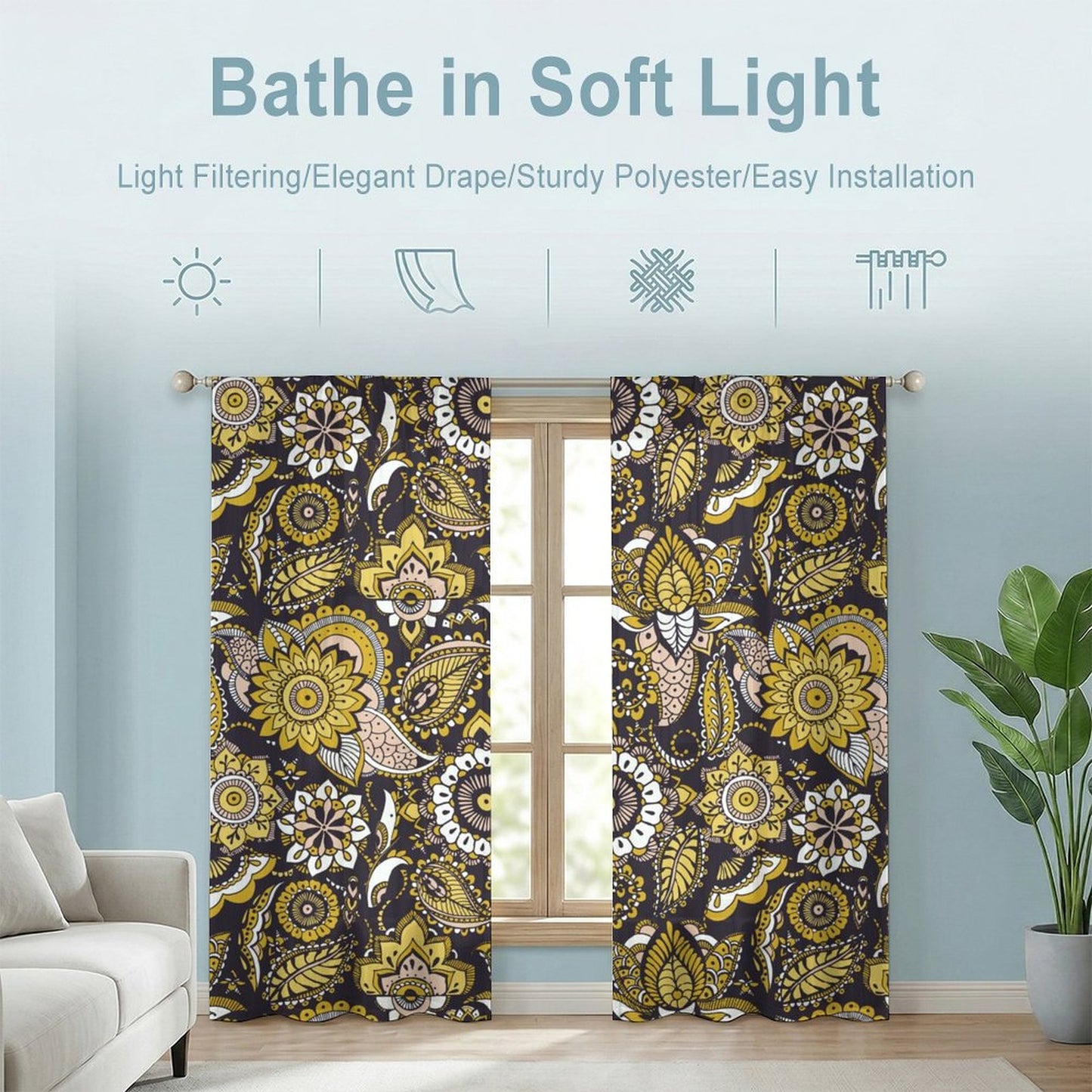 Sheer Curtain Black, White and Yellow