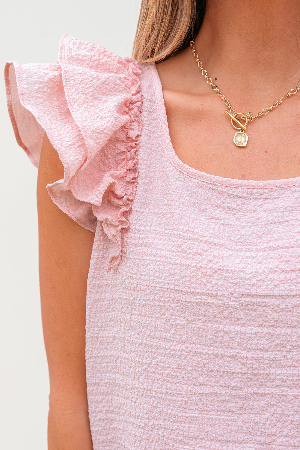Gossamer Pink Textured Bow Knot Frilled Butterfly Sleeve Blouse