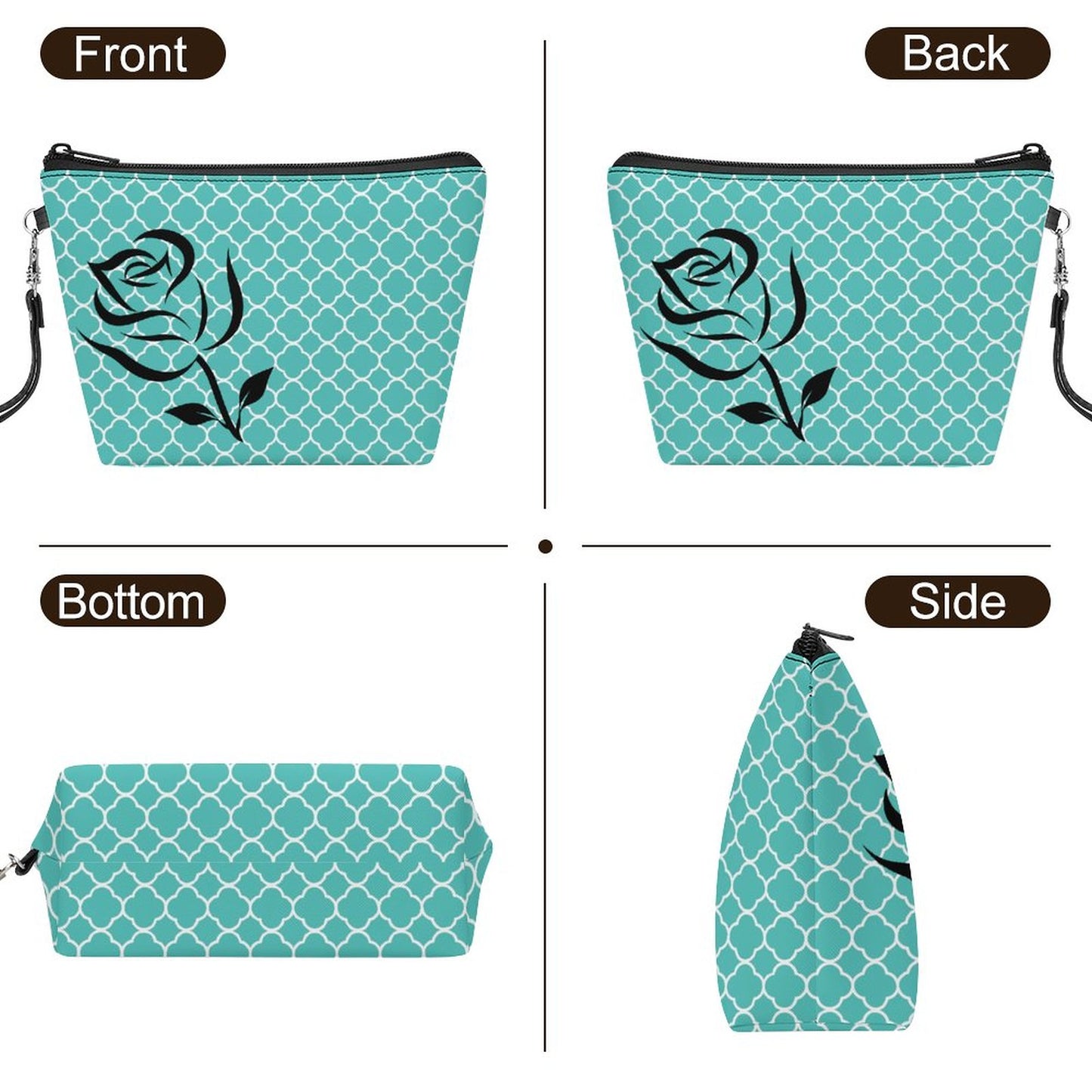 Handheld Makeup Bag With Strap - Teal with black rose