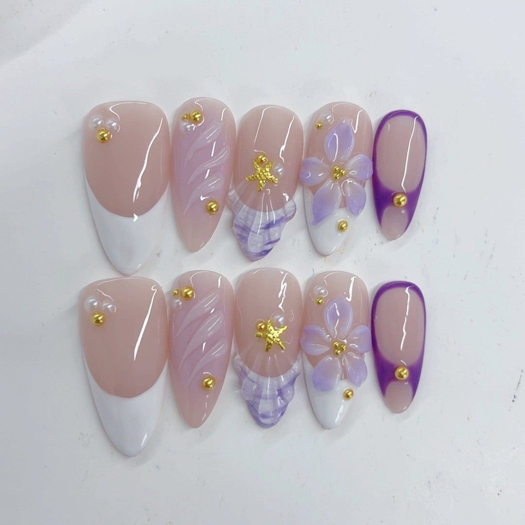 Elegant Pastel: "Lavender Bloom French" – Medium Almond Nude & Purple Gradient Handmade Press-On – Image 3