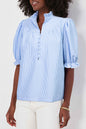 Sky Blue Stripe Ruffled Collar Puff Sleeve Half Buttons Blouse