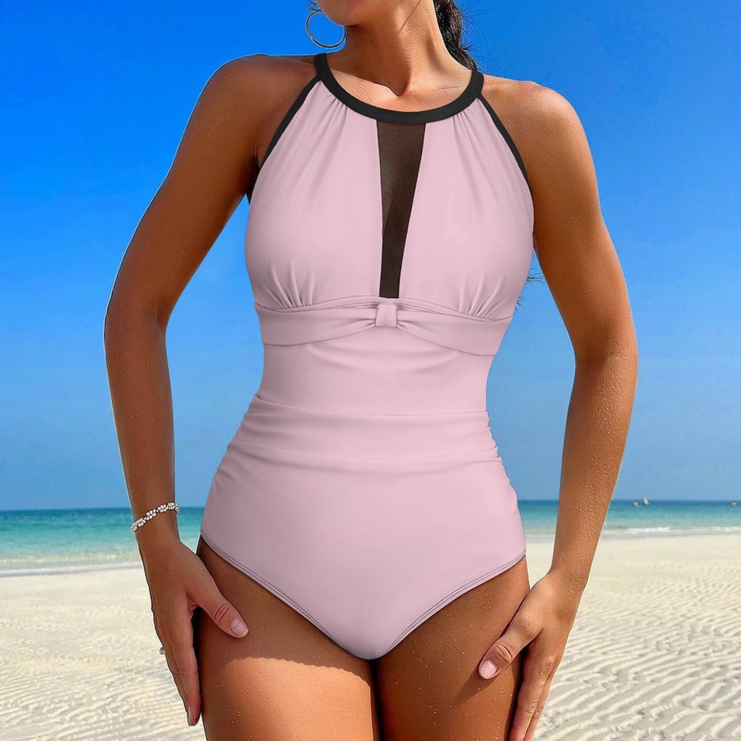 Sheer Mesh One-Piece Swimsuit Light Pink