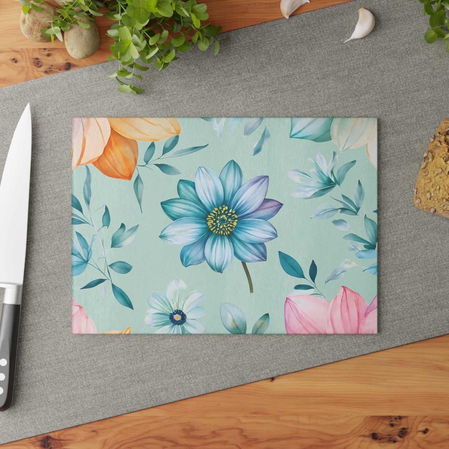 Floral Glass Cutting Board — Pastel Blue Watercolor Flowers