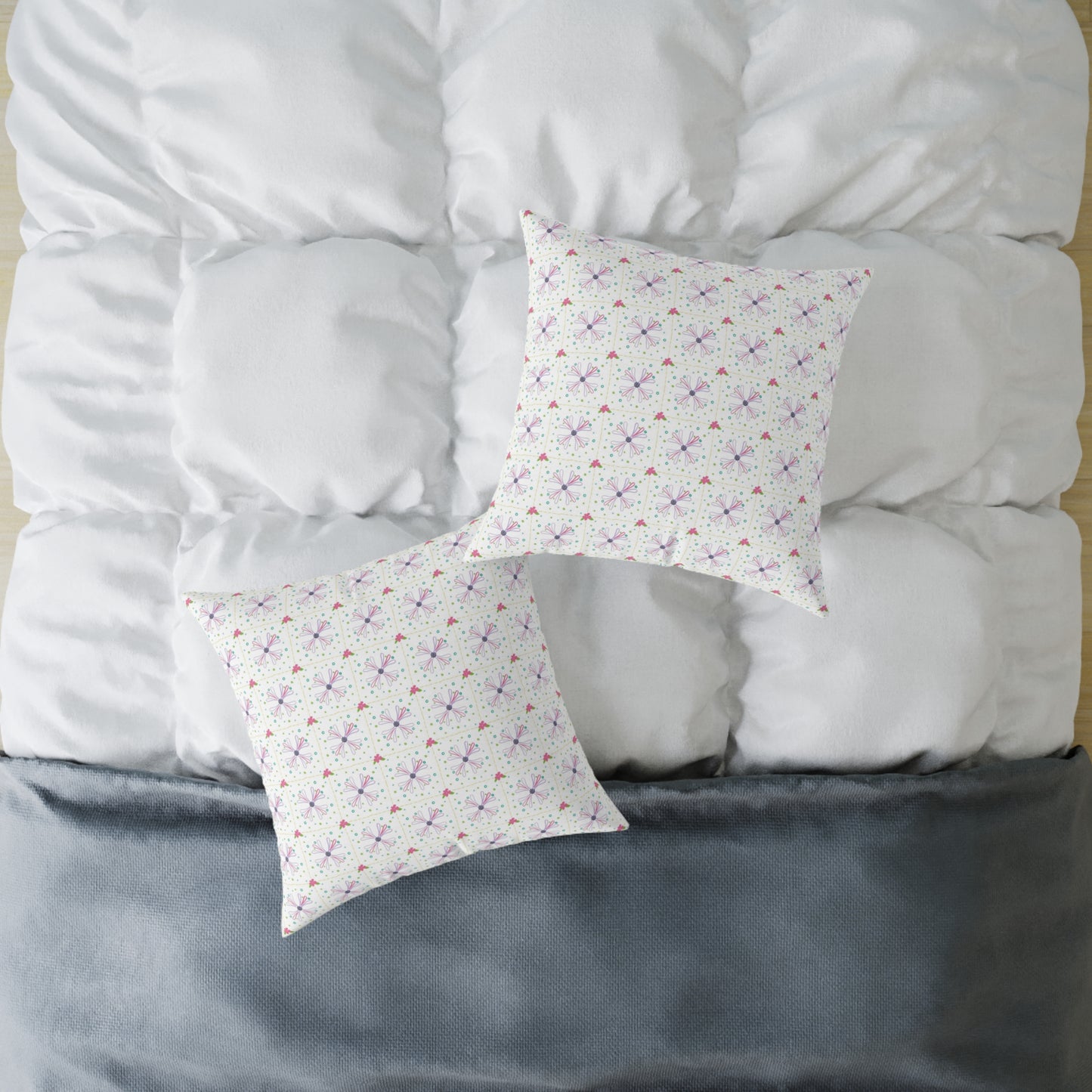 Floral Geometric Square Pillow – Pink & Lavender Patterned Throw Cushion