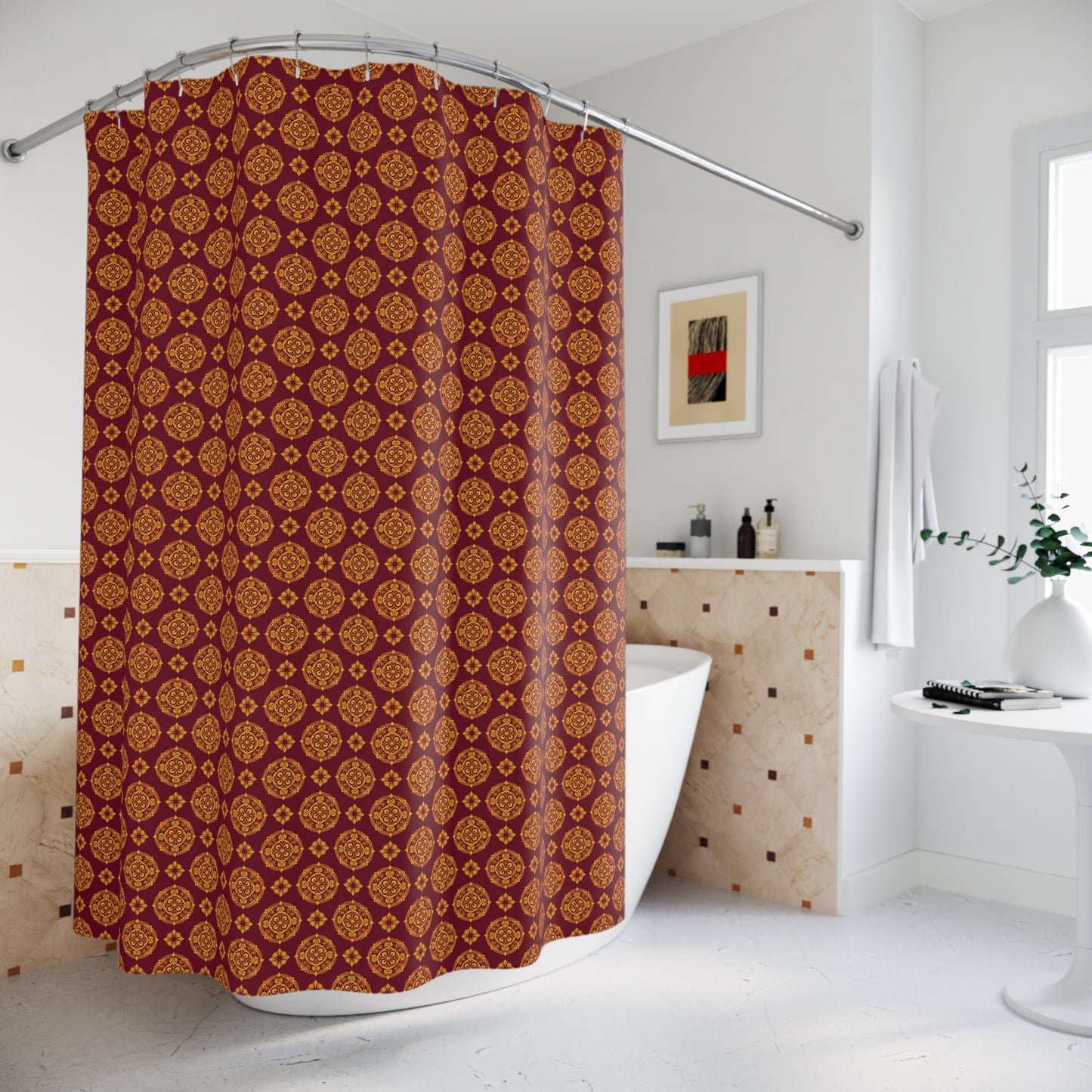Moroccan Tile Pattern Shower Curtain — Red & Gold Bohemian Bathroom Decor