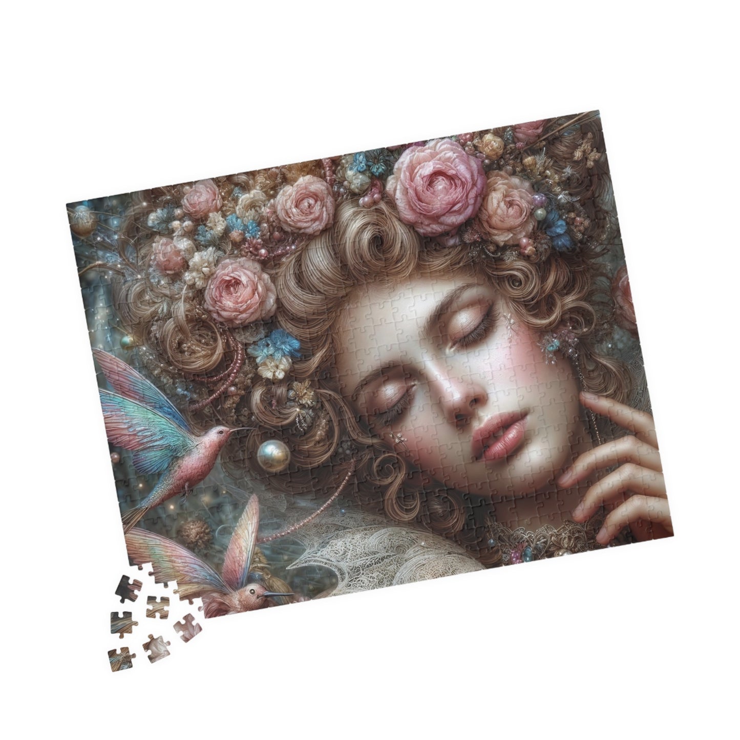 Floral Dream Portrait Puzzle — Surreal Woman & Birds Art Jigsaw (110–1014 pcs)