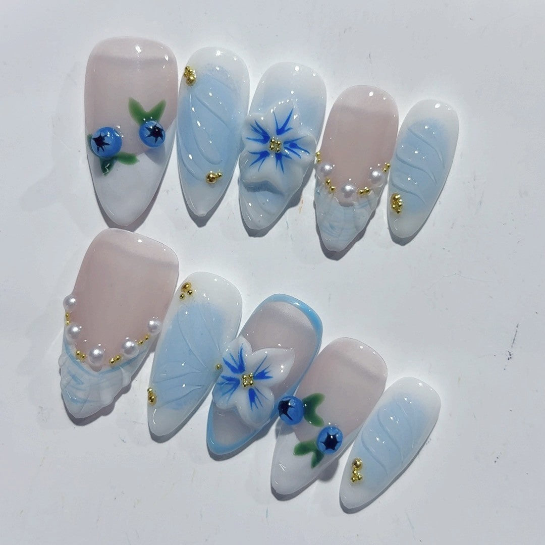 Blueberry Breeze: "Azure Berry Bloom" – Almond Press-On Nails – Image 5