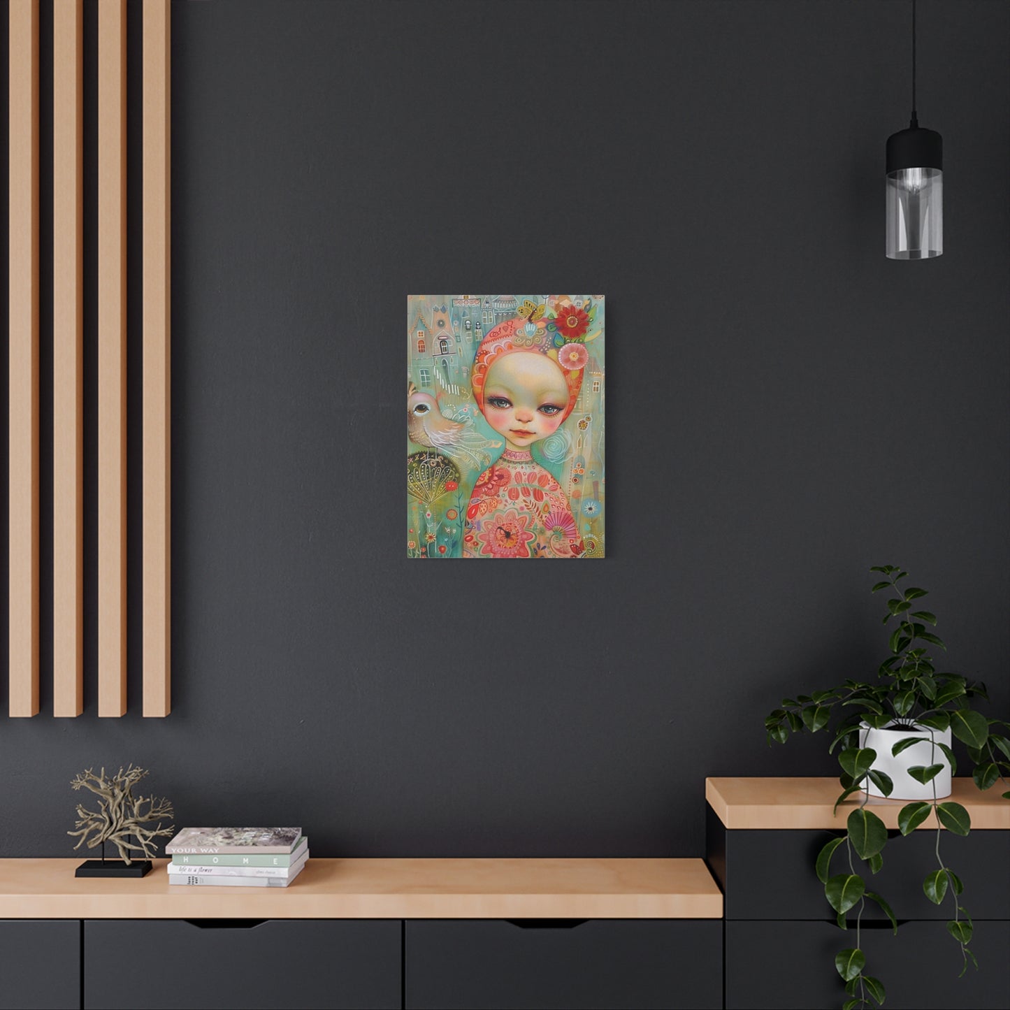Whimsical Girl & Bird Matte Canvas Wall Art — Stretched Decorative Painting