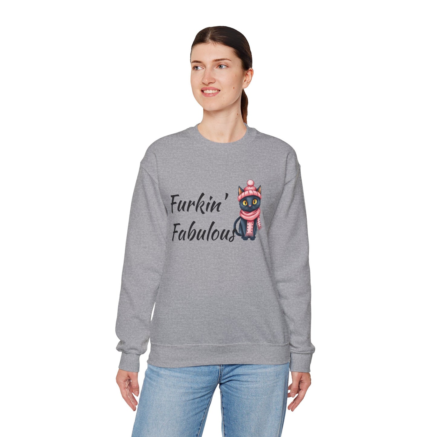 Crewneck Sweatshirt — "Furkin' Fabulous" Cute Black Cat in Pink Hat & Scarf