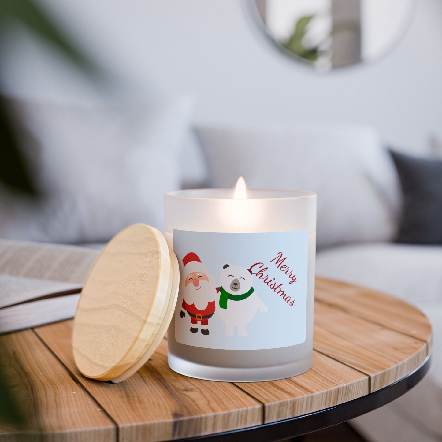 Christmas Santa & Polar Bear Frosted Glass Candle — 11oz Merry Christmas Holiday Scented Candle