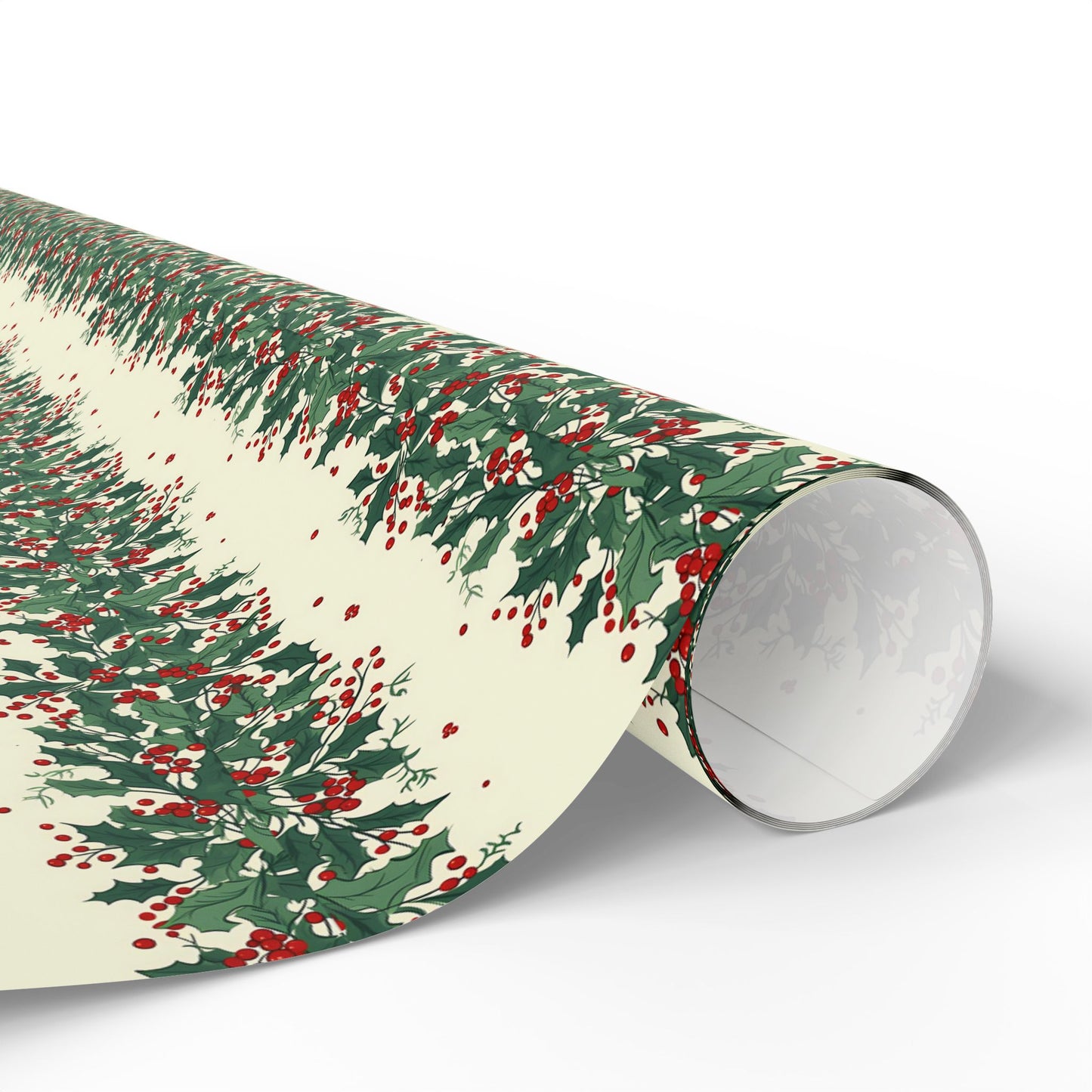 Wrapping Paper Roll — Festive Green Wreath & Red Berry Holiday Wrap
