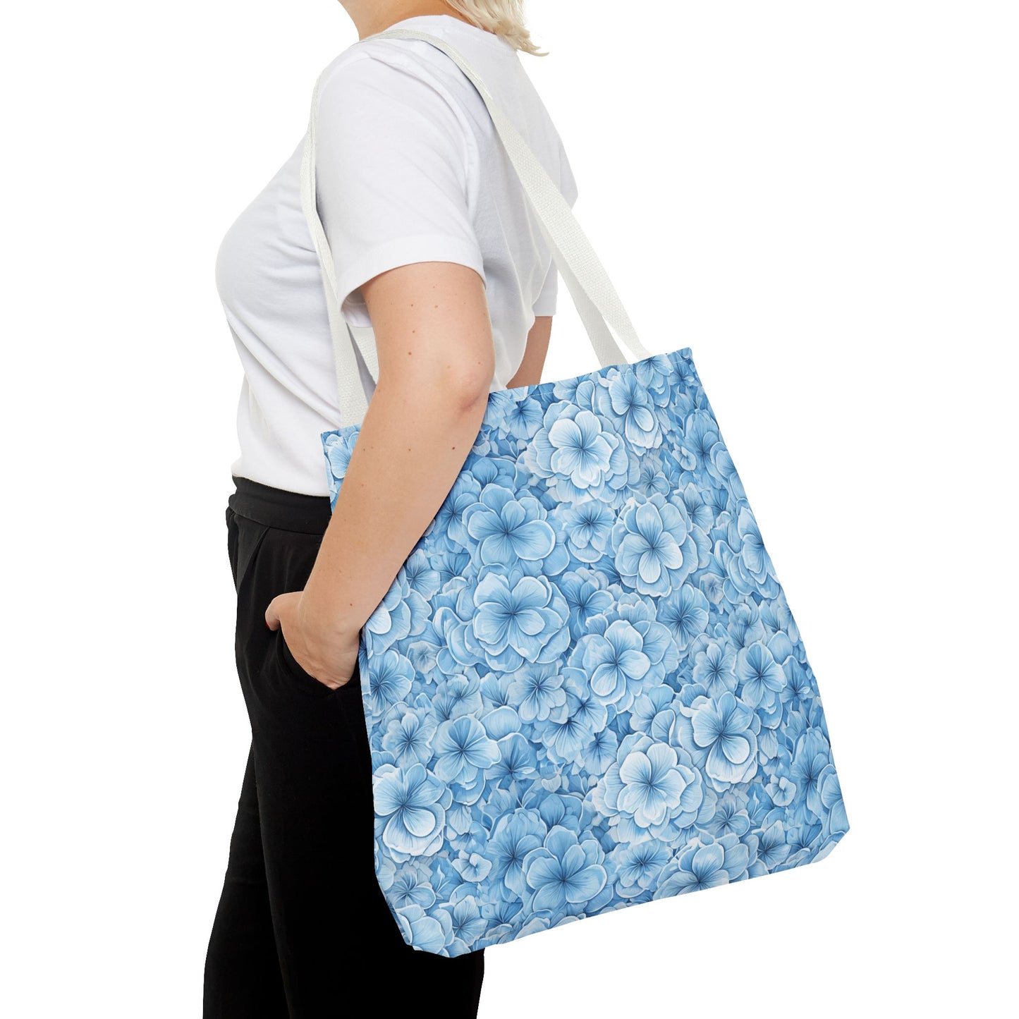 Blue Watercolor Floral Tote Bag — Reusable Flower Pattern Shopper
