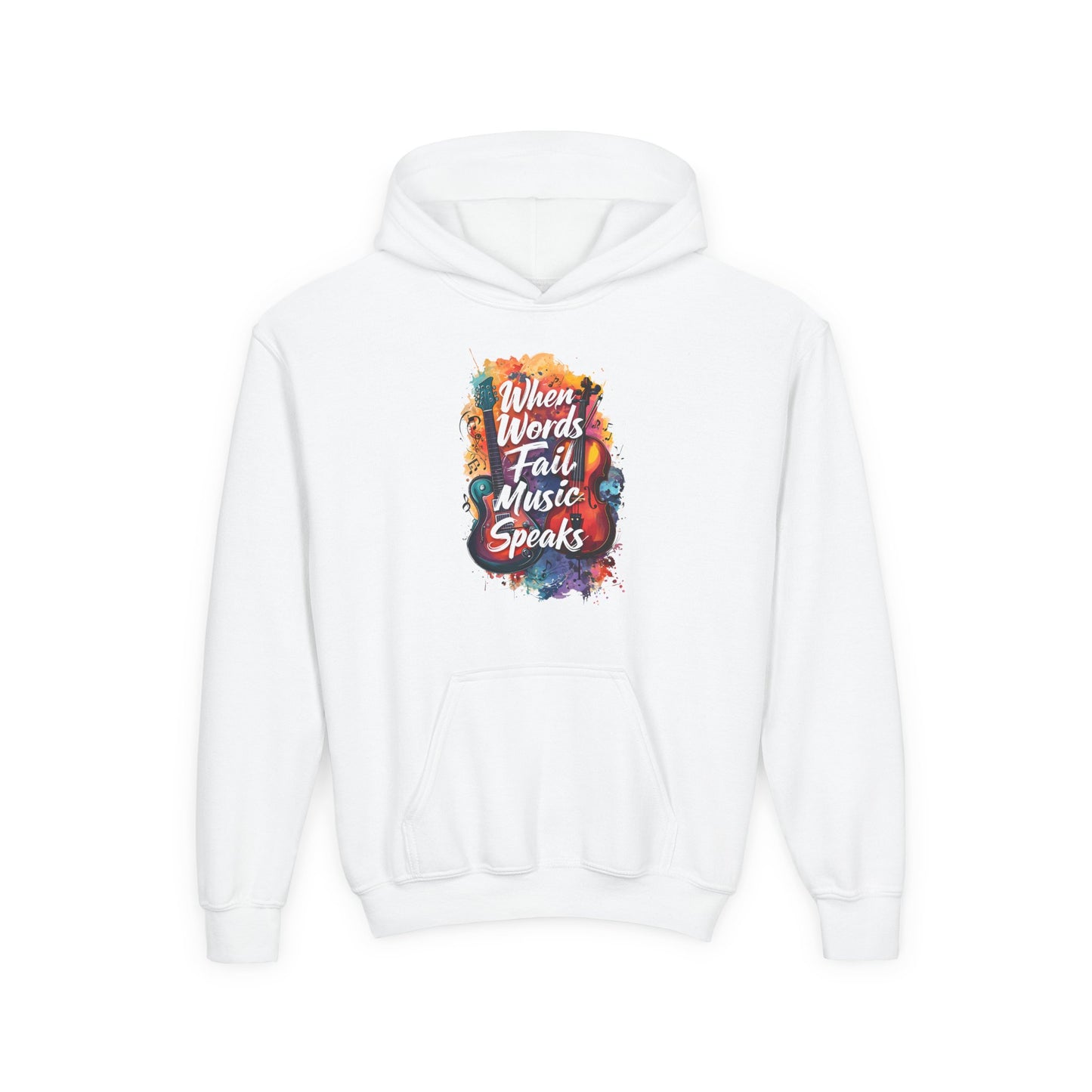 Youth Hoodie — "When Words Fail Music Speaks" Colorful Watercolor Design