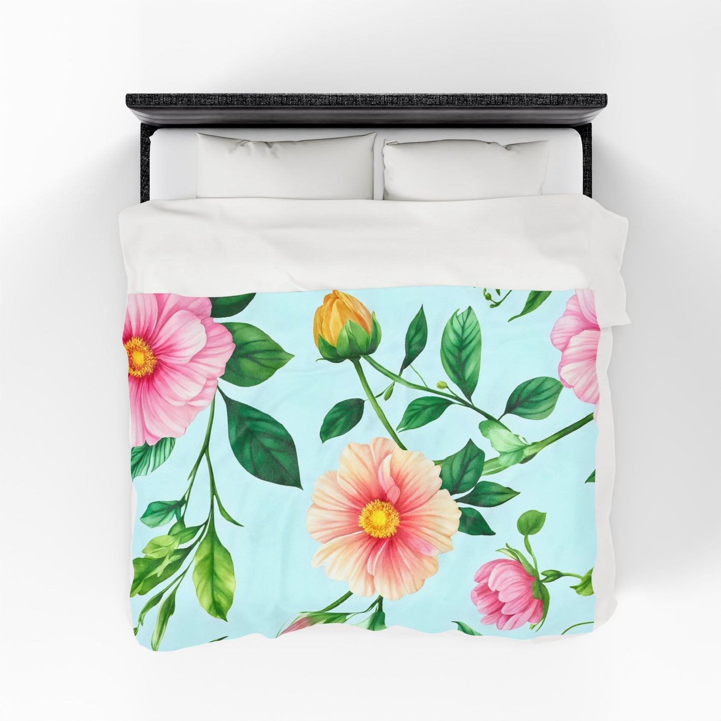 Floral Velveteen Plush Blanket — Pastel Pink & Mint Flower Throw