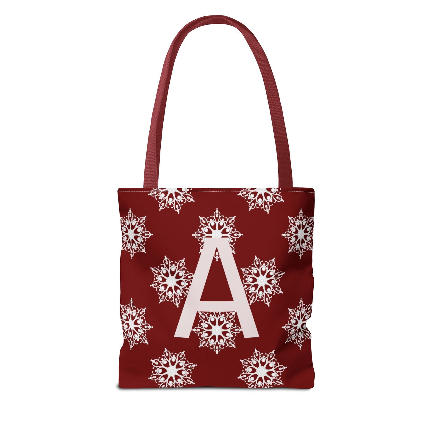 Monogram A Snowflake Tote Bag — Personalized Holiday AOP Tote