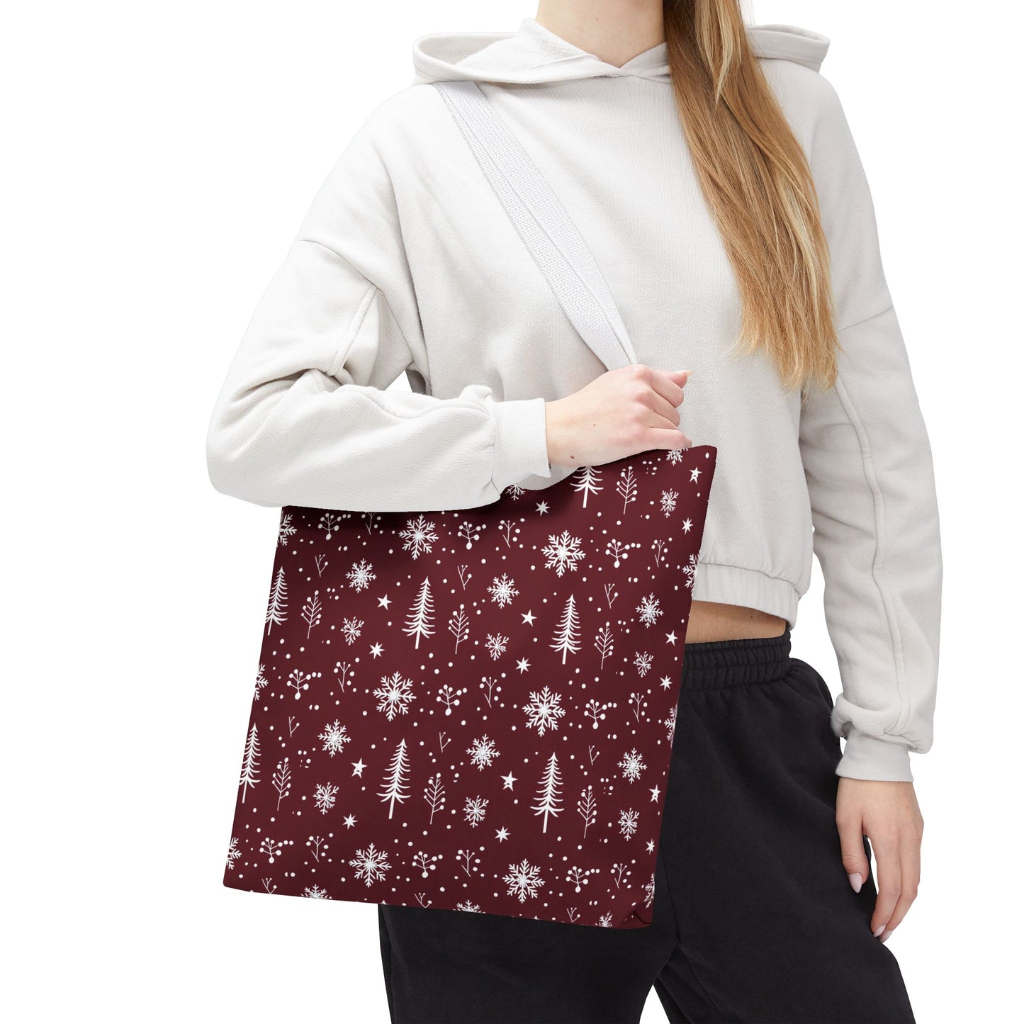 Christmas Snowflake Tote Bag – Burgundy Holiday Patterned Carryall