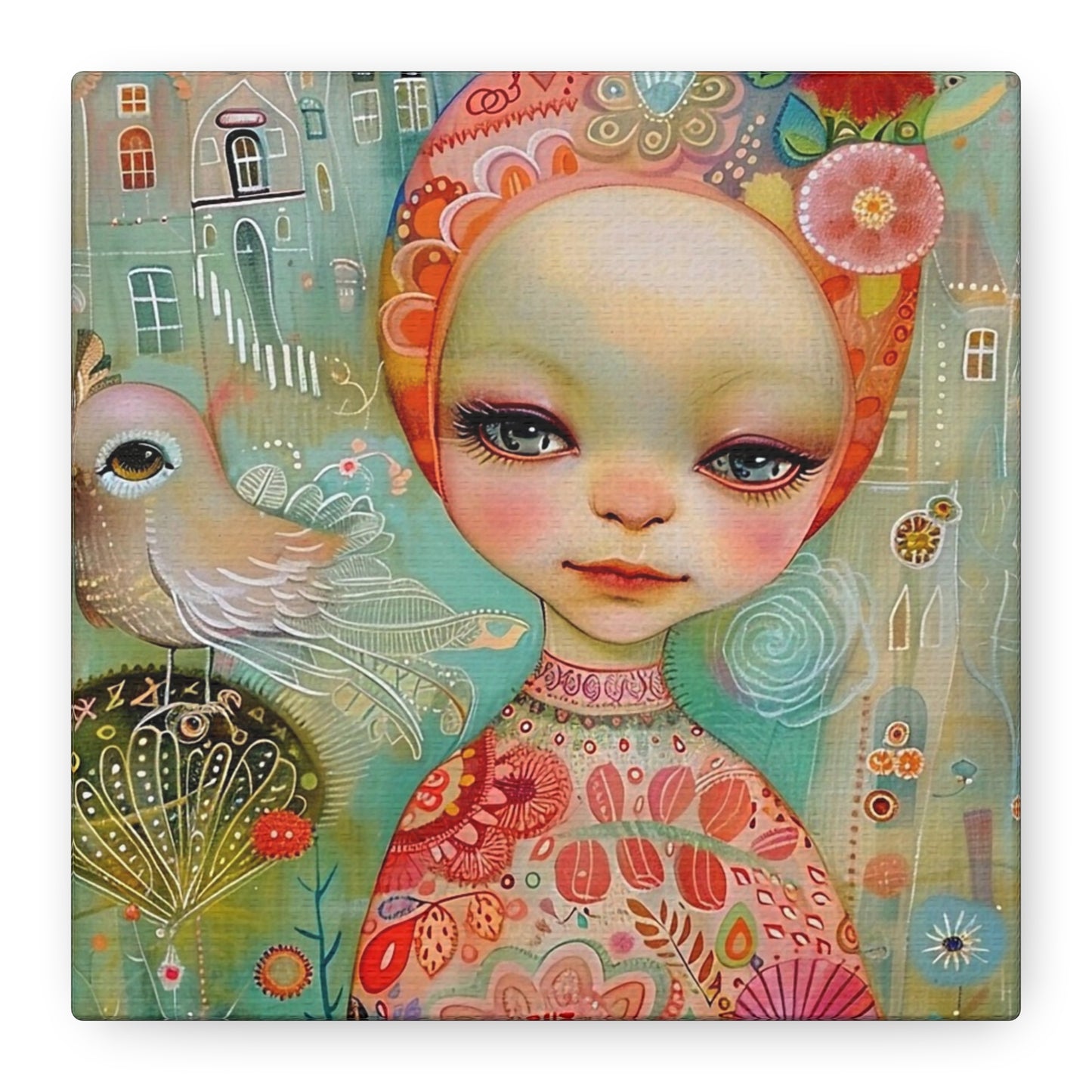 Whimsical Girl & Bird Matte Canvas Wall Art — Stretched Decorative Painting