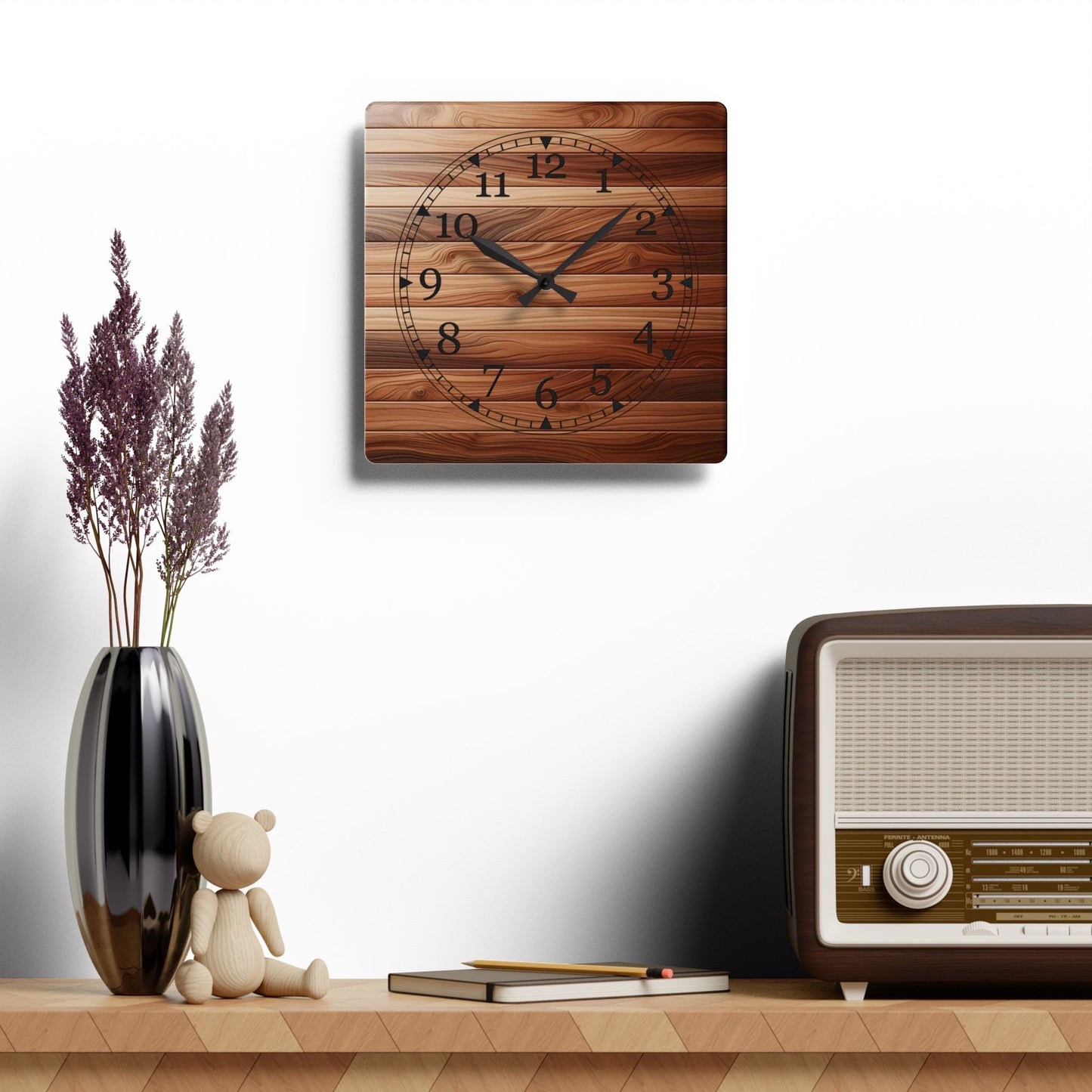 Rustic Wooden Design Acrylic Wall Clock, Home Decor, Gift for Her, Farmhouse Style, Kitchen Wall Art