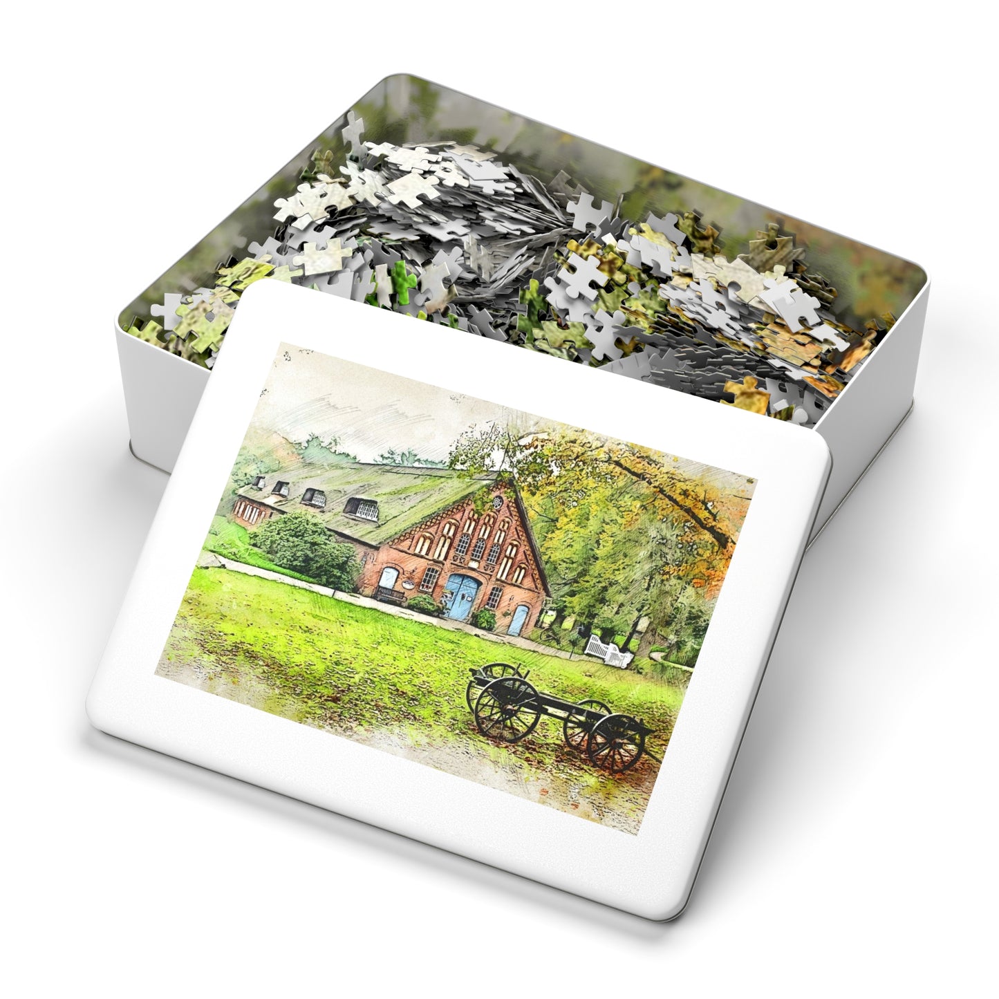 Rustic Scene Jigsaw Puzzle, Cozy Family Game, Art Puzzle with Tin, Nature Lover Gift, Home Décor Puzzle
