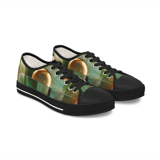 Low Top Sneakers — Green Abstract Geometric with Gold Orb Design