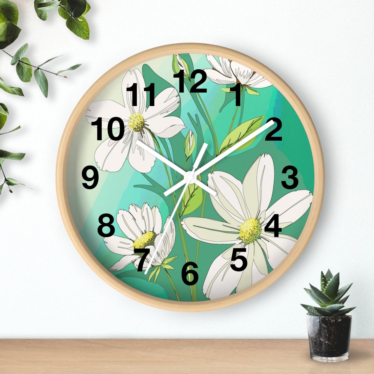 Wall Clock - Green White Floral