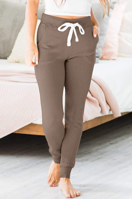 Dark Brown Drawstring Elastic Waistband Pocketed Joggers
