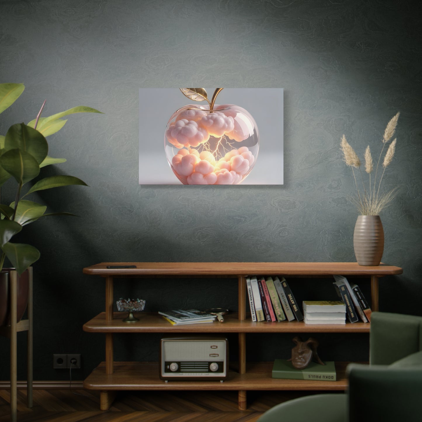 Surreal Glass Apple Canvas – Lightning & Pink Clouds Wall Art
