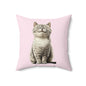 Smiling Cat Throw Pillow — Cute Grey Kitten on Pink Decorative Pillow