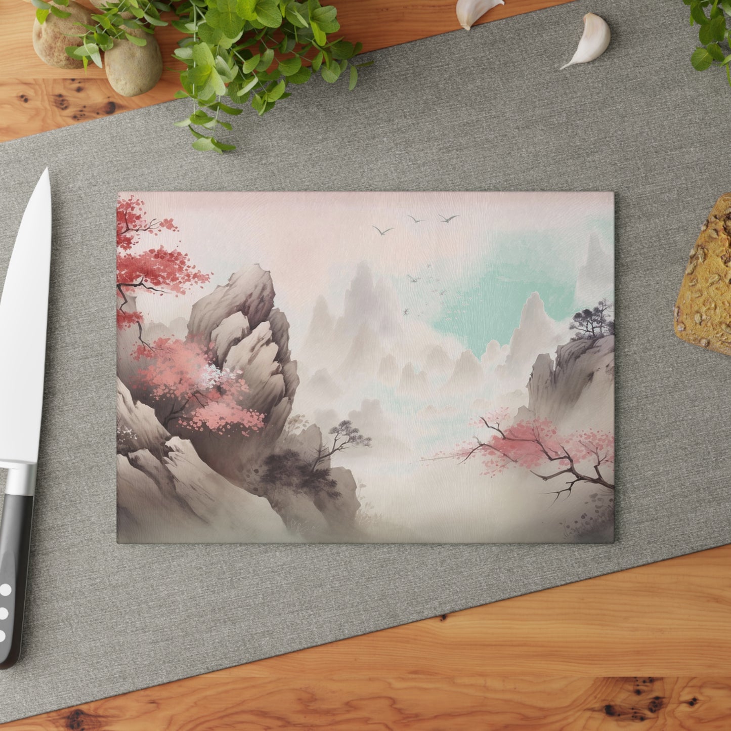 Glass Cutting Board — Pastel Japanese Landscape with Cherry Blossoms