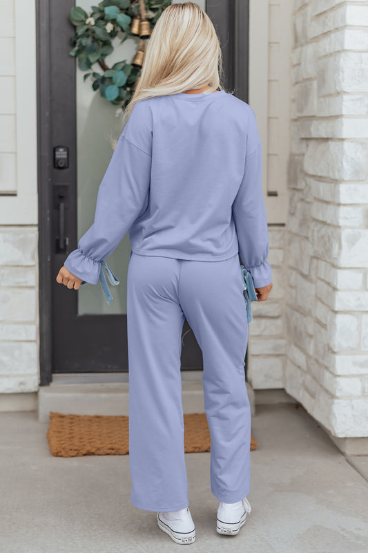Beau Blue Flounce Long Sleeve Top Drawstring Pants Contrast Velvet Bow Knot 2pcs Lounge Set